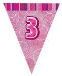 Unique Party 92123 - 9ft Foil Glitz Pink Happy 3rd Birthday Bunting Flags