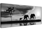 Wallfillers Black White African Sunset Elephants Canvas Wall Art Print - Modern 120cm Wide - 1363