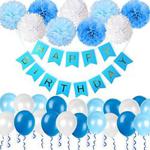 WONDERFORU Happy Birthday Decorations Bunting Banner with Pearl Balloons Pom poms Tissue Flowers Garland for Boys in Blue -- Party Supplies (Blue)