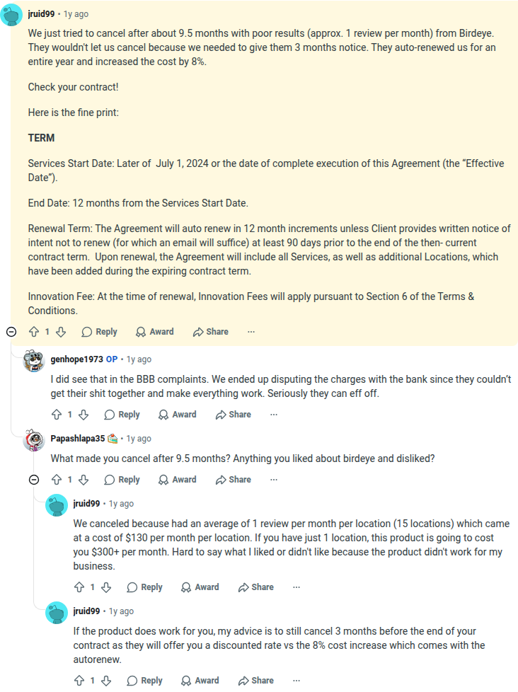 Un commentaire Reddit d'un client Birdeye citant la section Terme de son propre formulaire de commande, y compris le terme de renouvellement et les frais d'innovation