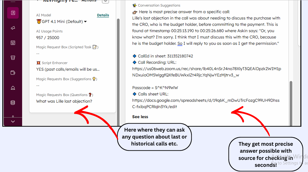 Slack message with AI answer and call recording link