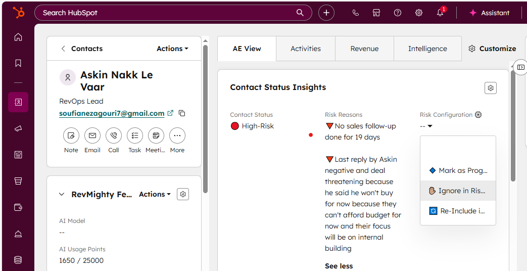 CRM deal view with risk flags and status