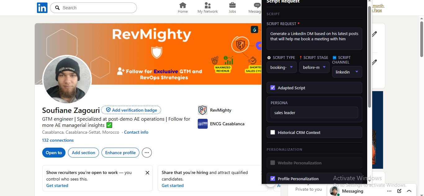 RevMighty generating personalized script on LinkedIn profile