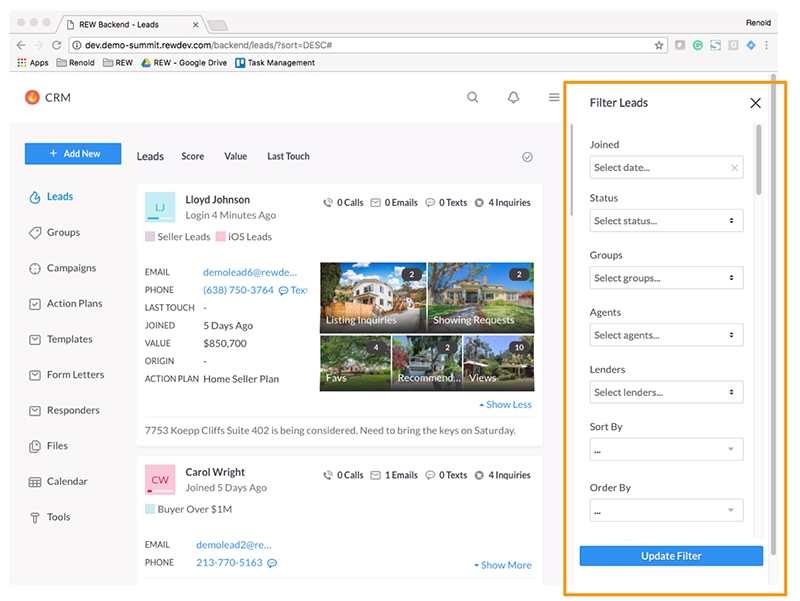 Leads Filter with REW CRM
