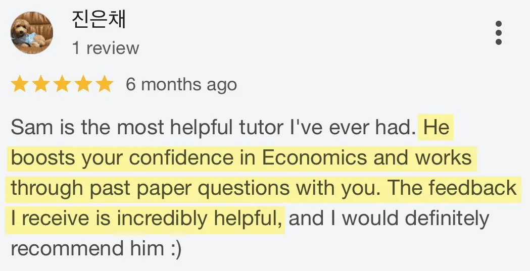 5-star Google review from Jin Eun-chae: Sam is the most helpful tutor I've ever had. He boosts your confidence in Economics and works through past paper questions with you. The feedback I receive is incredibly helpful, and I would definitely recommend him :)