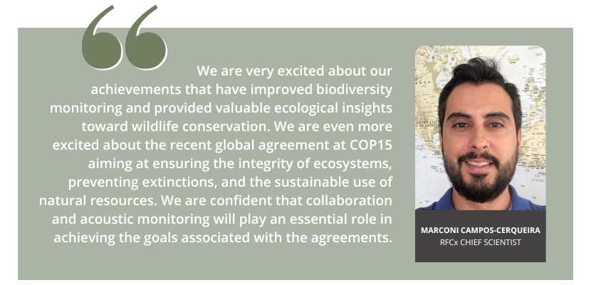 We are very excited about our achievements that have improved biodiversity monitoring and provided valuable ecological insights toward wildlife conservation. We are even more excited about the recent global agreement at COP15 aiming at ensuring the integrity of ecosystems, preventing extinctions, and the sustainable use of natural resources. We are confident that collaboration and acoustic monitoring will play an essential role in achieving the goals associated with the agreements. - Marconi Campos-Cerqueira, RFCx Chief Scientist