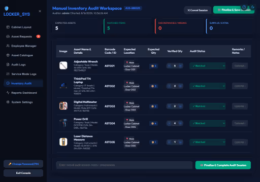Admin inventory audit workspace interface