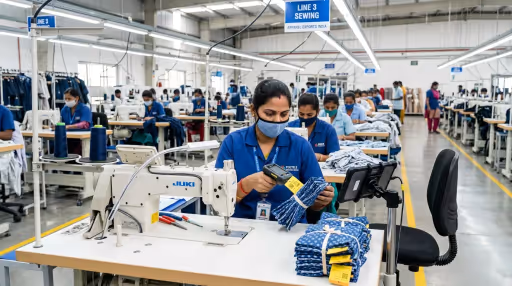 Worker scanning RFID cut-piece bundle tag at an apparel manufacturing unit sewing line