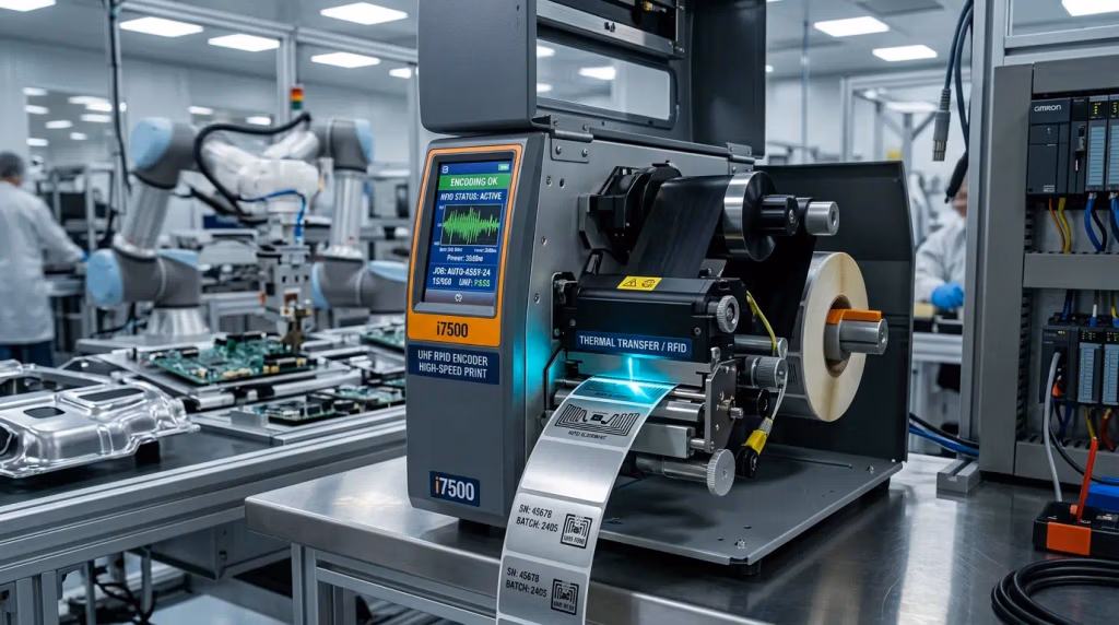 BradyPrinter i7500 Industrial Zero-Waste UHF RFID Label Printer & Auto-Localization Engine BradyPrinter i7500 industrial thermal transfer UHF RFID label printer with zero-waste auto-localization encoding on-metal tags in smart manufacturing cleanroom