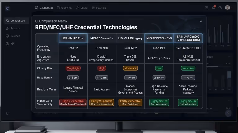 Comprehensive comparison matrix of credential security features across RFID formats