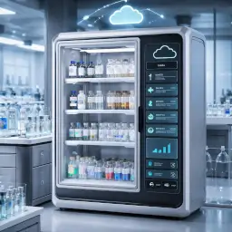 futuristic RFID-enabled refrigerator in a laboratory setting