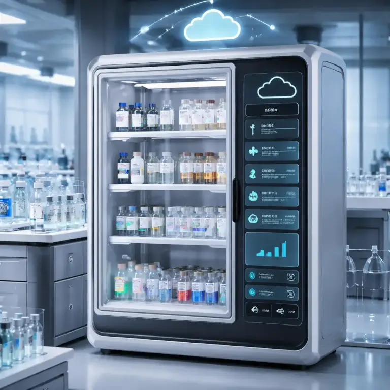 futuristic RFID-enabled refrigerator in a laboratory setting