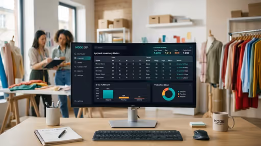 Modern apparel ERP software dashboard showing Style, Size, and Color inventory matrix