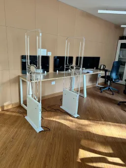 Operational HF RFID library security gate with illuminated acrylic pedestals
