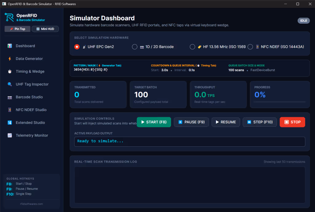 Open RFID barcode simulator dashboard interface