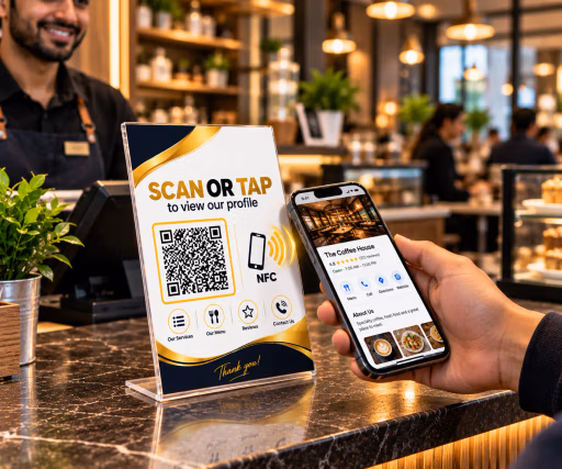 Smartphone tapping NFC and QR code acrylic counter stand for profile management