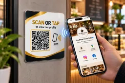 Customer performing NFC contactless tap on 4x4 plate mounted on wall