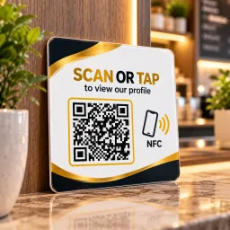 Square acrylic NFC plate mounted on restaurant dining table