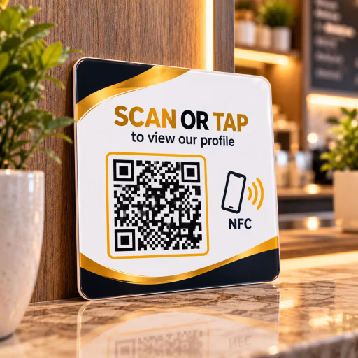 NFC and QR code restaurant menu acrylic standee deployed on dining table