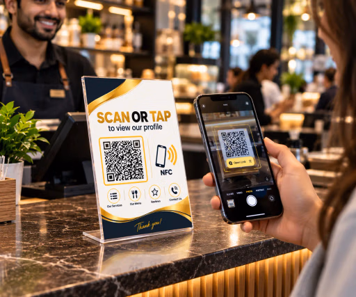 Customer scanning QR code on retail showroom acrylic counter stand