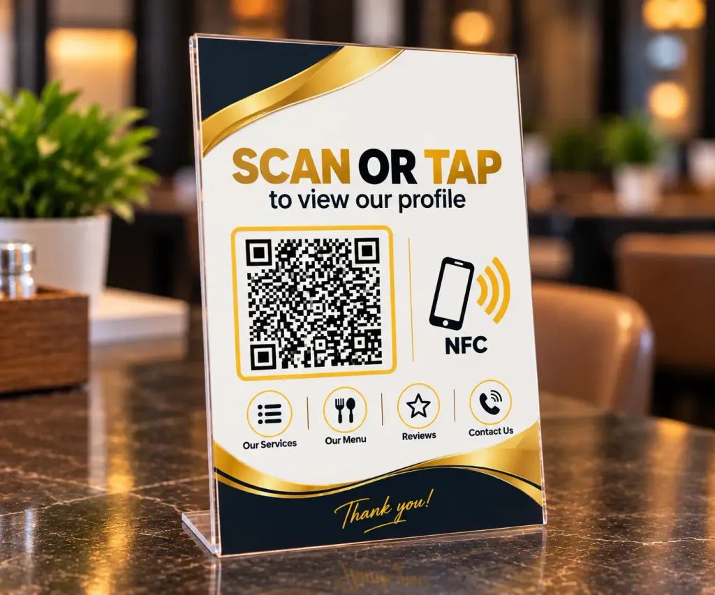 Custom branded NFC and QR code acrylic counter stand wholesale batch