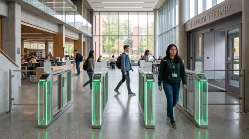 High-tech 3D RFID security gate corridor at a modern university library entrance