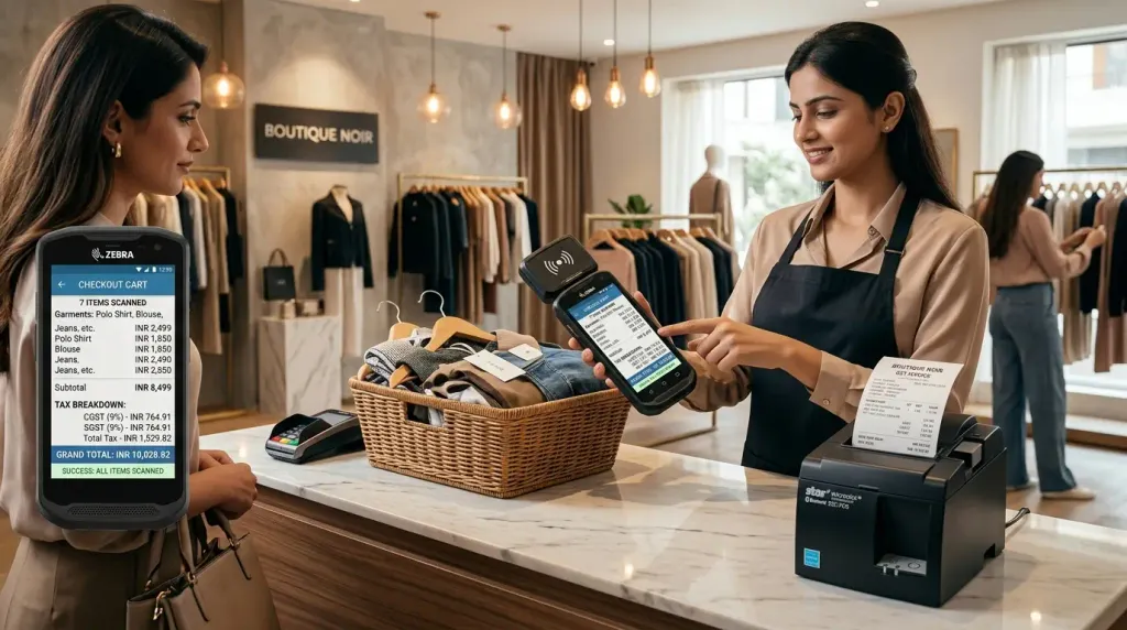 Countertop basket reader instantly scanning 20 retail items and generating thermal tax invoice