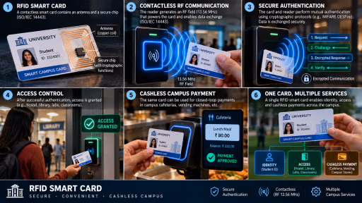 RFID Smart Card Campus Solutions Infographic explaining RFID smart campus technology and applications