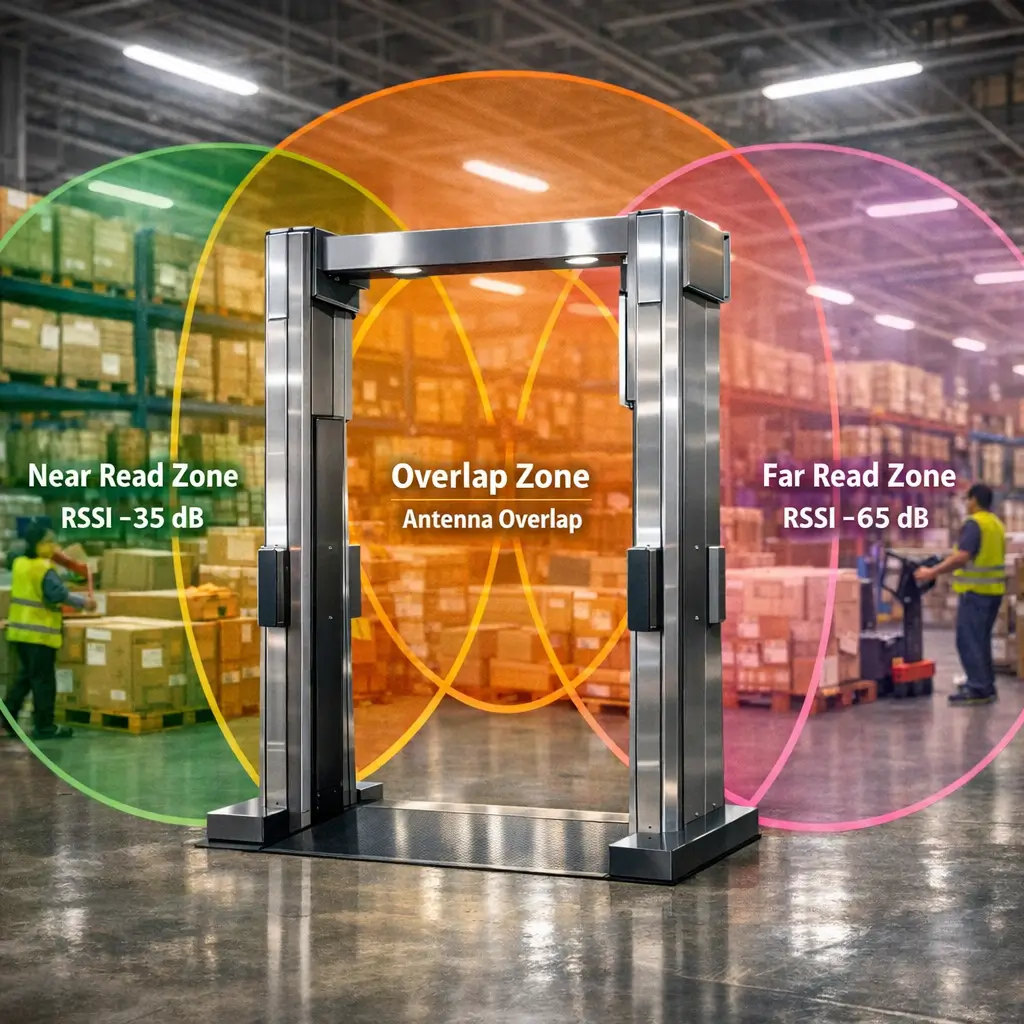 Industrial overhead RFID portal with 4-antenna cross-fire array for pallet transit