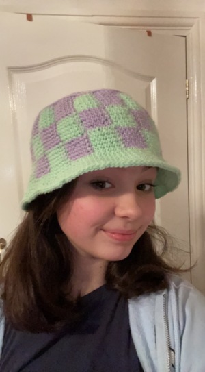 Checkerboard Patchwork Bucket Hat - Knit Bucket Hat Lime Cobalt