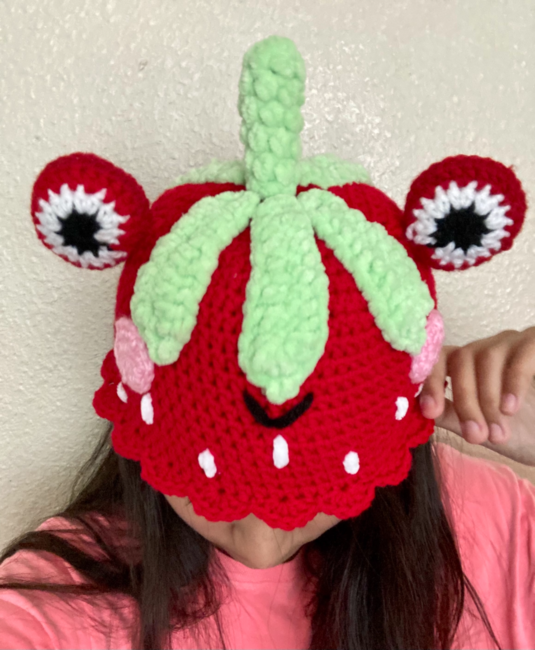 Crochet frog in strawberry hat Cute green frog - Inspire Uplift