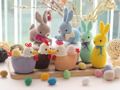 Easter decorations - Chick with egg, Rooster Bunny with bow and bunny with lace