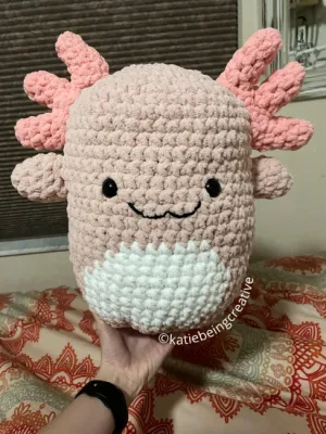 Axolotl Plushie Crochet Pattern (Inspired by Archie the Axolotl Squishmallow) made using Bernat blanket and baby blanket yarns