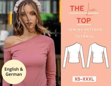 Jersey Top Sewing Pattern with asymmetrical neckline, women XS-XXXL, easy with video tutorial