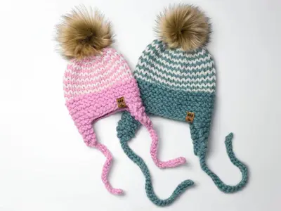 Pinstripe Ear Flaps Hat Winter Pompom Toque Baby Children