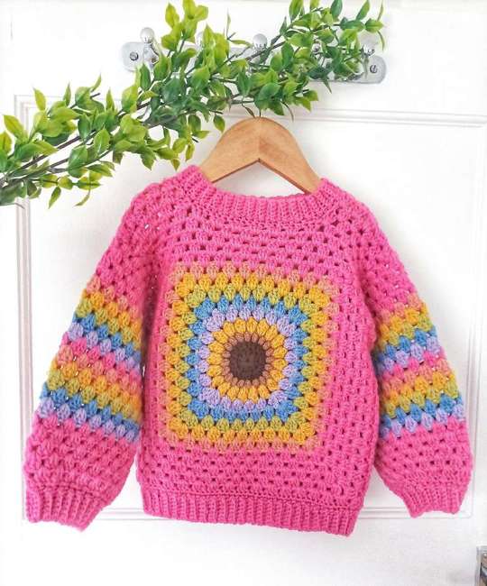 Handmade Multicolored Crochet Sweater With Sunflower Print and