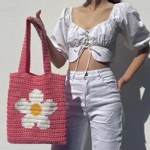 Flower market bag, filet and tapestry net tote crochet pattern by Crocheigh