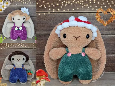 Toadie the mushroom bunny, Bobbin the farmer bunny & Daisy the gardener bunny (3-in-1 pattern)