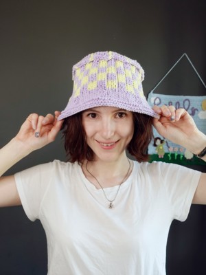 Checkerboard Patchwork Bucket Hat - Knit Bucket Hat Lime Cobalt