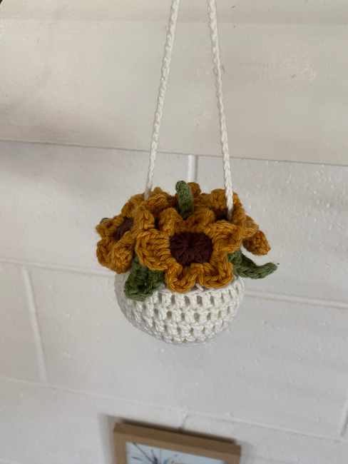 Crochet Sunflower Basket, Crochet Car Plant, Rearview Mirror