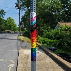 Pride Flag Pole Wrap Yarn Bomb