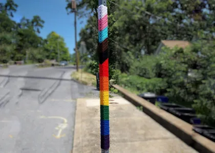 Pride Flag Pole Wrap Yarn Bomb (tall version)
