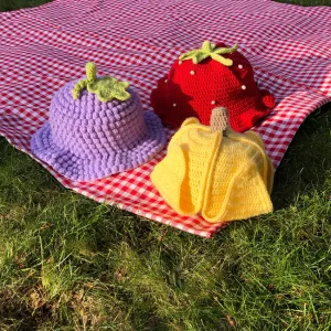 Fruit salad hats - collection of Strawberry, Banana, Grape crochet bucket hat / sun hat patterns by Crocheigh