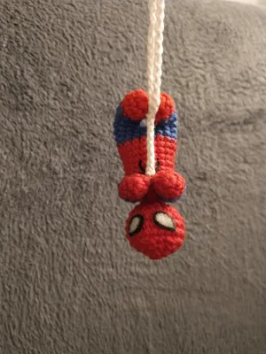 Upside down, hanging Spider-Man keyring