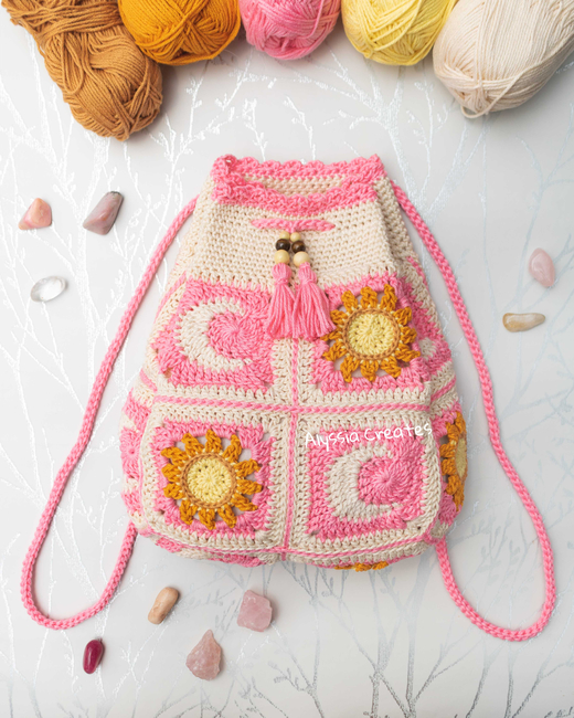 Sun And Moon Drawstring Backpack: Crochet pattern