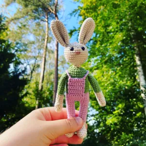 Bunny in dungarees low-sew crochet pattern