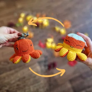 Crochet fall pumpkin candy corn reversible octopus amigurumi pattern