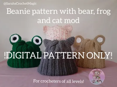 CROCHET PATTERN- Beanie pattern with bear, frog and cat mod