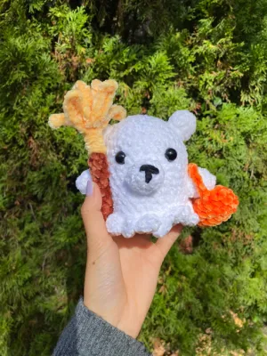 Bear ghost with broom and pumpkin purse