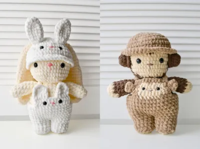 2-in-1 Crochet Bunny and Monkey with Hat and Overalls Pattern Bundle